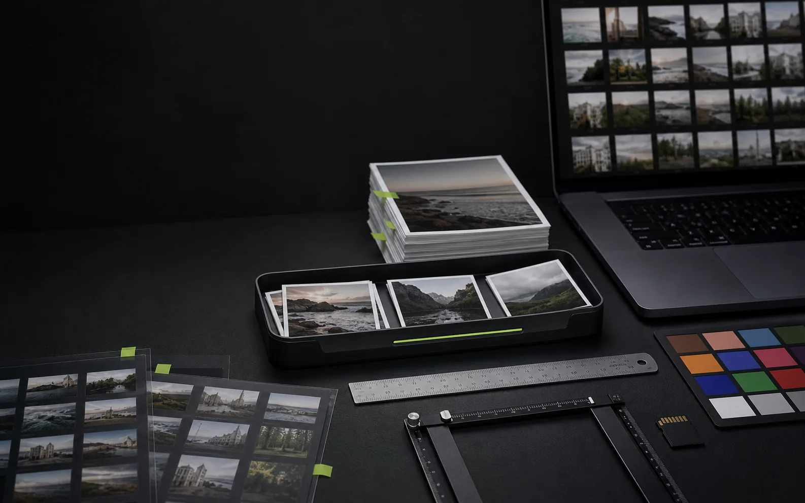 Dark photo-editing workbench with batch image tools