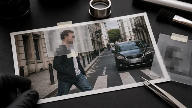 Street photo proof with sensitive areas covered by pixelated blur patches.