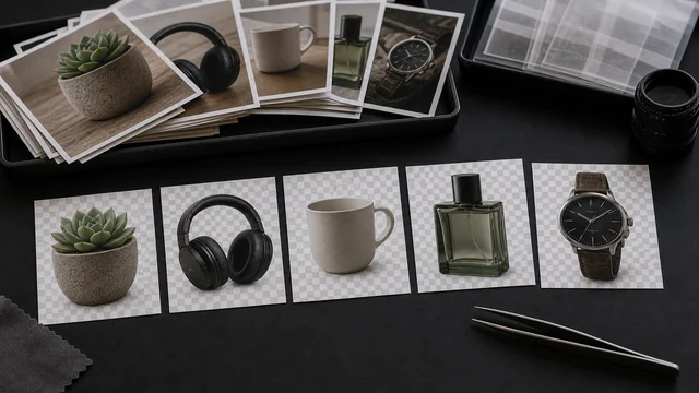 Several product photos converted into separate checkerboard cutout proofs.