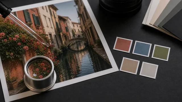 Eyedropper and loupe sampling colors from a photo into blank color chips.