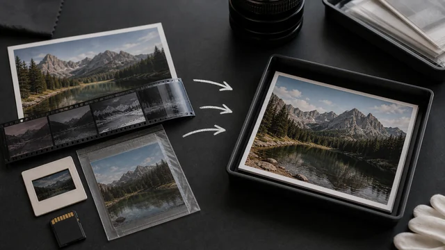 Mixed image media pieces arranged toward one clean output photo proof.