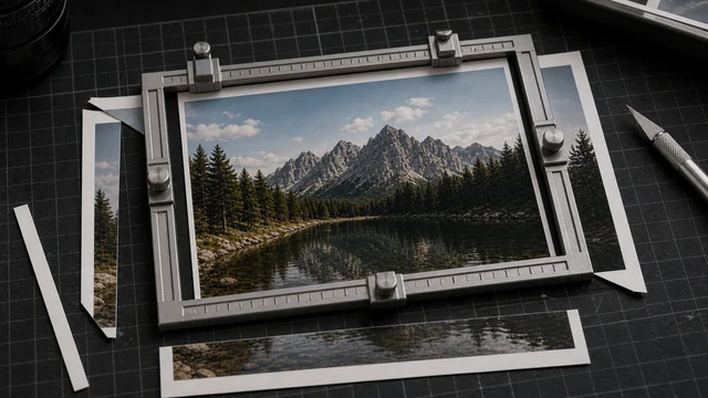 Printed photo inside a crop frame with trimmed paper edges around it.