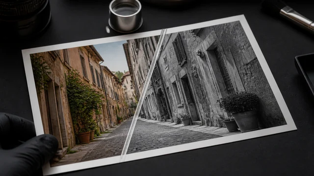 Printed photo split between natural color and black-and-white grayscale.