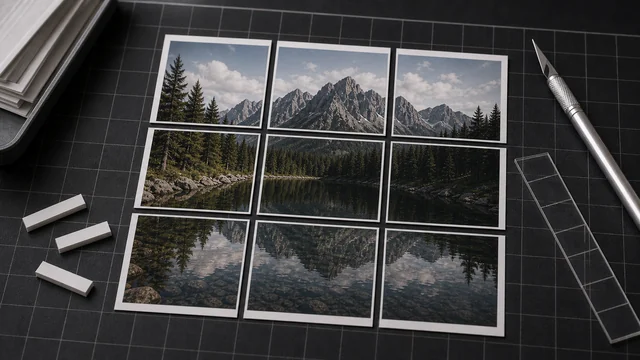 One photo sliced into a precise three-by-three tile grid.