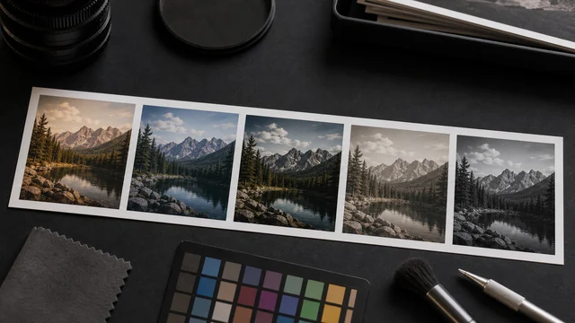 Several versions of the same photo with different color grades.