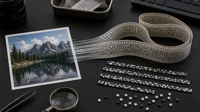 Photo card transforming into perforated paper tape and pixel blocks.