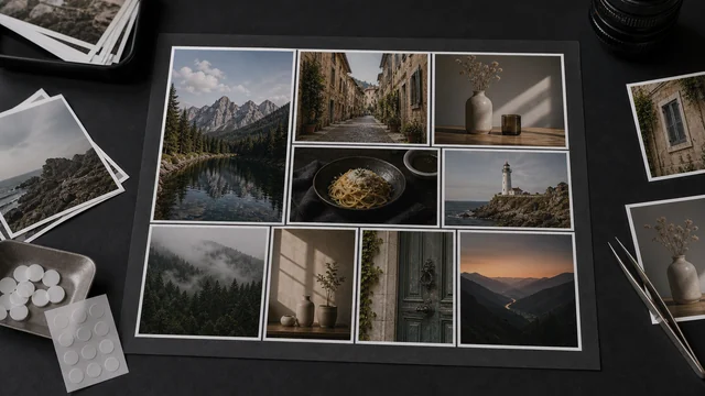 Landscape and still-life photo prints arranged into a clean collage grid.