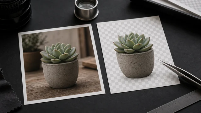 Product photo shown before and after as a clean checkerboard cutout.