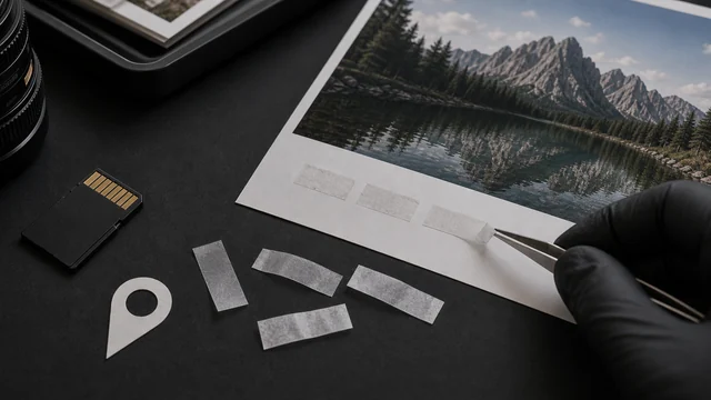 Blank metadata strips peeled from a photo proof beside a memory card.