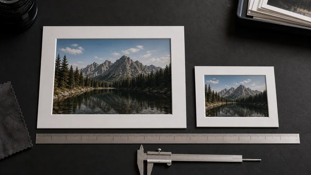 The same photo shown in large and small frames beside a metal ruler.