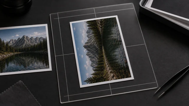 A photo turned against blank alignment guides on a dark workbench.