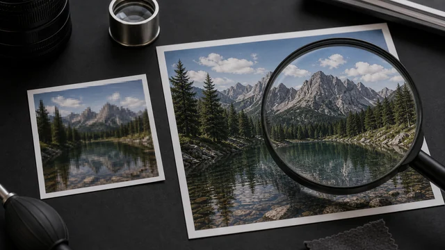 Small pixelated photo beside a larger sharp print under a magnifying glass.
