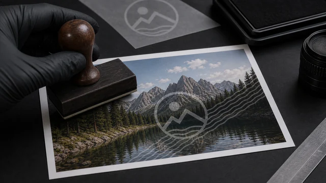 Rubber stamp applying a translucent diagonal mark to a photo proof.